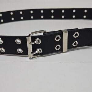 Wide Unisex Adjustable Black Belt with Silver Buckle Size M/L #1247